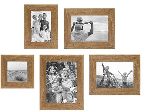 Bilderrahmen-Set Holz Eiche-Optik, 5er Rahmenset No.1 Echtholz-Rahmen rustikal, Strandhaus, Made in Germany, Echtglas, zum Aufhängen, extra Zubehör - Treibholzlook mit einem Hauch Küstenflair