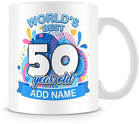 MUGGZ 50th Birthday Gift for Men - Personalised Mug/Cup - Add Name - Worlds Best Design - Blue – Custom Funny Coffee Mug – Unique Gift for Friends & Family