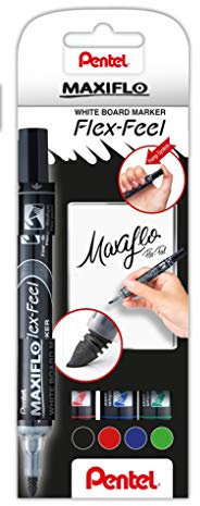 Pentel MWL5SBF-4Maxiflo Flexfeel Whiteboardmarker mit flexibler Spitze, 4er Set, sortiert flexible Spitze, schwarz/rot/blau/grün