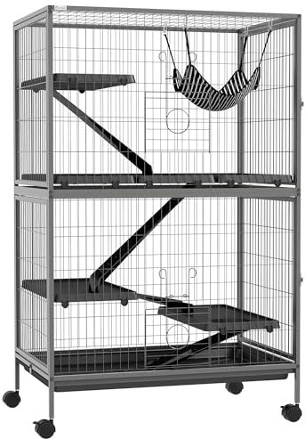 Pawhut Cage pour rongeurs Multifonction 4 Plateformes 3 rampes 4 Portes dim. 80L x 52l x 128H cm métal Gris argenté Noir