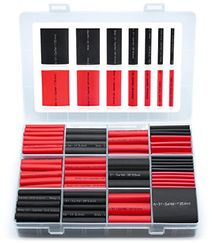 Wirefy Funda Termoretractil para Cables Impermeables - 200x Tubo Termoretractil para Cables de Doble Pared 3:1 - Recubierto con Adhesivo - Tubo Térmico - Negro y Rojo