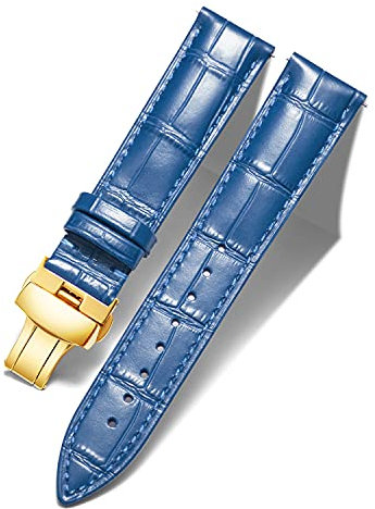 BINLUN Leder Uhrenarmband Lederarmband Ersatz Uhrenarmbänder für Herren Damen mit Silber/Gold/Roségold Schmetterling Faltschließe 12-24mm(19mm Blau-Gold Schnalle)