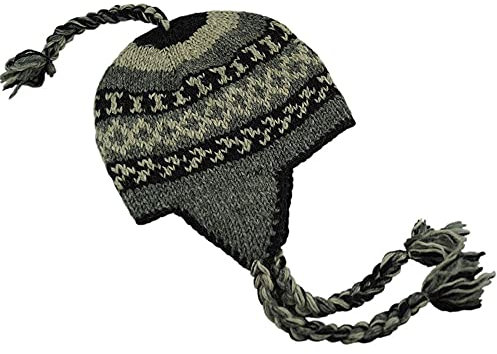 musimon Mütze Inka gestrickt Fleecefutter Naturwolle (grau schwarz, M)