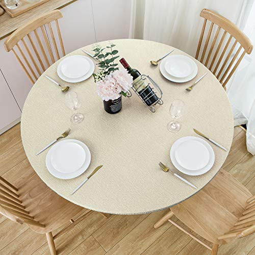 NLMUVW Champagne 40 to 44 Round Vinyl Tablecloth with Elastic Edge 100% Waterproof Oil Proof PVC Wipe Clean Table Cover for Indoor and Outdoor Use