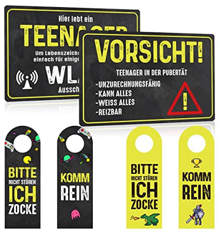 4er Set - Blechschild 20x30cm mit Lustige Sprüche - Hier lebt ein Teenager Wlan - Vorsicht Türschilder - Witzige Türhänger Bitte Nicht Stören Ich Zocke - Schild Deko Geschenk für Spielzimmer Zocker