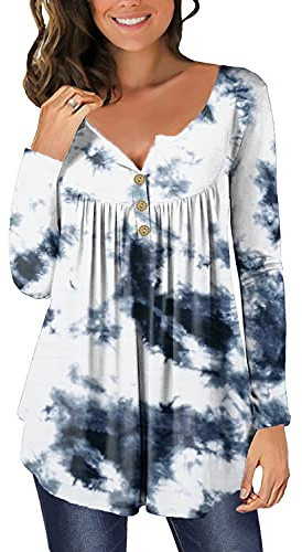 Tunique Femme Chic et Elegant Grande Taille Manche Longue Haut Décontractés Amples Coton Tie Dye Vetements Chemise T-Shirt