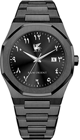 R&M ORIENT Herrenuhr mit arabischen Ziffern Edelstahl Analog Quarz Saphirglas Designer Große Armbanduhr Männer Mode Wasserdicht Uhr mit arabische Kalender Datum (Lamassu, Schwarz - Schwarz)