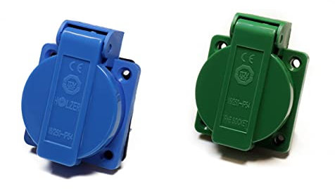 HOLZER 8 Stück/Einbausteckdose Schuko Anbau Steckdose 16A Feuchtraum / PA6 / + Flansch Dichtung (4xBlau / 4xGrün)