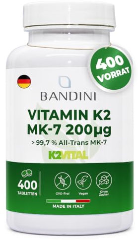 Bandini® Vitamina K2 MK7 200µg | 400 Compresse | Menachinone ad Alto Dosaggio | Vit K 2 MK-7 200 mcg | Contribuisce al Mantenimento di Ossa Normali,100% Vegan, Senza OGM | Vitamina K Qualità Italiana