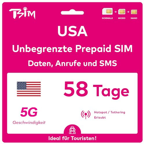 Carte SIM USA 58 Jours. Réseau T-Mobile avec données illimitées à Haute Vitesse en 5G/4G/LTE | Appels et SMS locaux illimités aux USA (Hawaï Inclus). Carte SIM 5G !