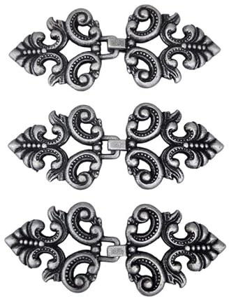 Hartmann-Knöpfe 3 Stück Metall Verschlüsse Zierverschluss altsilber zum Annähen Mantel Gewand Cape 60mm x 25mm, altsilberfarben
