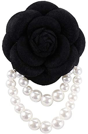 Broche fleur de camélia en tissu avec perles et pompons, style vintage, cadeau pour fille, collier de chemise, bijoux tendance (noir)