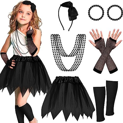 Boyiee 10 Pcs 80s Costume Accessories for Girls Neon Tutu Leg Warmers Fishnet Gloves Fancy Dress for Girls(Black)