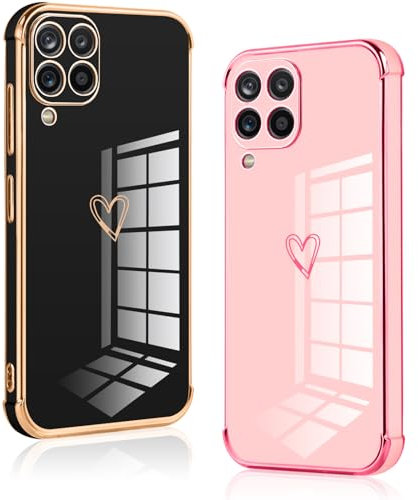 Vauki 2 Stück für Samsung Galaxy A12/M12/A12 Nacho Hülle, Silikon Handyhülle Herz Motiv Schutzhülle Kameraschutz Stoßfest Bumper Case für Samsung A12 - Schwarz und Rosa