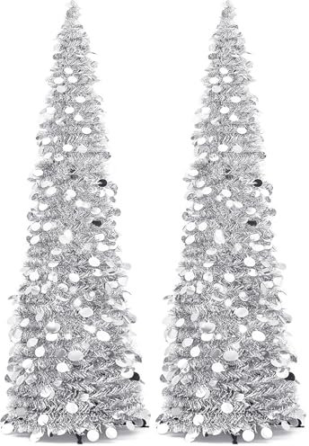 Leyndo Künstlicher Weihnachtsbaum, 1,5 m, zusammenklappbar, mit Bleistift, Pop-Up-Weihnachtsbaum, Lametta, schmal, silberfarben, Pailletten-Weihnachtsbaum für Zuhause, Kamin, Dekoration, 2 Stück
