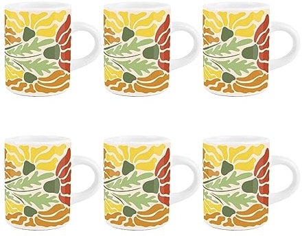 Purely Home Floral Espresso Cups - Orange Retro Blossom - Small Mini White Ceramic Coffee Shot Mugs Set of 6
