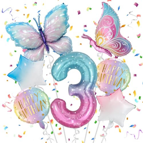 Meanju 3 Jahre Schmetterling Deko Geburtstag, 3. Mädchen Geburtstag, Schmetterling Folienballon, Bunt Schmetterlinge Geburtstagsdeko, Geburtstagsdeko Rosa, Luftballon 3. Geburtstag Mädchen