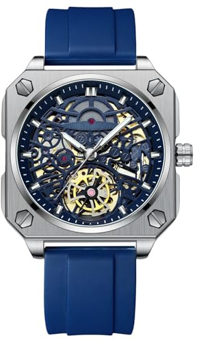 RORIOS Montres Bracelet pour Homme Automatique Mécanique Regarder Minimaliste Squelette Montre de Poignet Décontracté Mode avec Bracelet en Silicone Blanc Bleu B