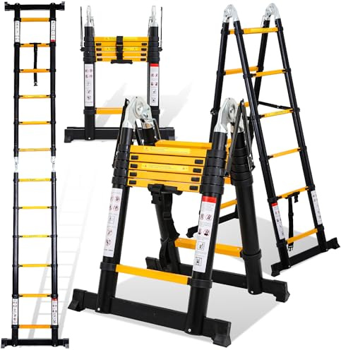 Eulenke Teleskopleiter 1,9M+1,9M Aluminium Trittleiter 6+6 Stufen Stehleiter Klappleiter, 150 kg Belastbarkeit, Teleskop Ausziehleiter Haushaltsleiter, Aluleiter, Ausziehbare Leiter Schwarz Gelb