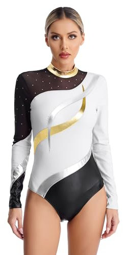 Mufeng Damen Glitzer Turnanzug Langarm Ballettanzug mit Strass Tanzbody Akrobatik Anzug Leotard Eiskunstlaufen Wettkampf Tanzkleidung F Weiß XXL