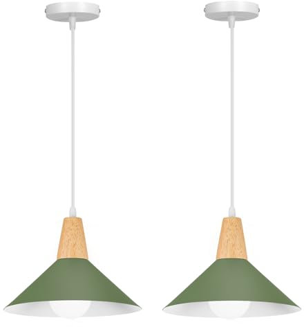 LIGKIN 2 Piezas Lámpara Colgante Industrial Moderna Ø25cm Pantalla Metal Madera Lámpara de Techo Retro E27 Iluminación para Cocina Comedor Cafetería, Verde Oscuro