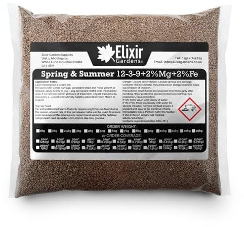 Elixir Gardens Seasonal Lawn Fertilisers for Turf & Grass | Spring & Summer 12-3-9 Bag | Granular Feed with added Iron & Magnesium | Treats 500 Sq. Meters