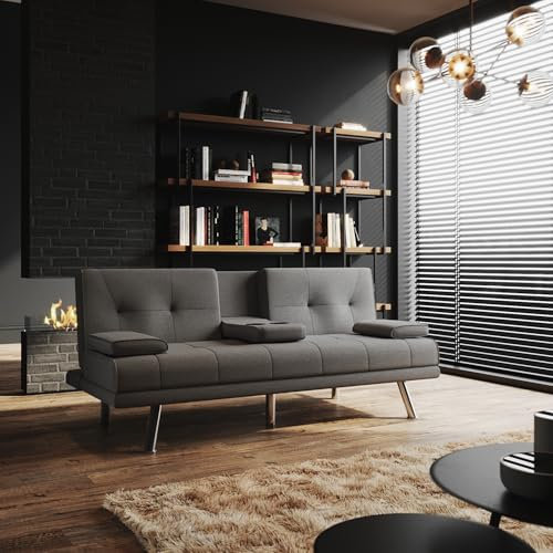 ELEGANT 2 Seater Sofa Bed with Cup Holders and Removable Pillow, Grey Click Clack Sofa Bed, 1820x830x790mm