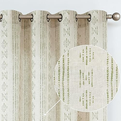 Vangao Boho Leinen Gardinen Halbtransparent Vorhänge Mit Ösen Für Wohnzimmer Schlafzimmer Geometrische Streifen Vorhang Für Privatsphäre Bauernhaus Vorhänge 2er Set 140x245cm Grün auf Beige