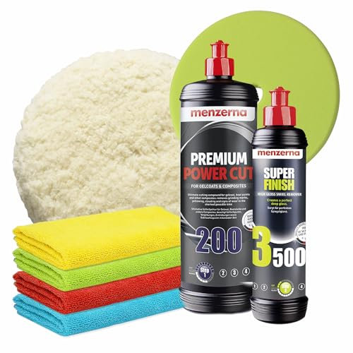 GFK Politur Set | Menzerna Premium Power Cut 200 1L Gelcoat Bootspolitur + Super Finish 3500 250ml + Lammfell Polierpad 150mm + Soft Cut Premium Polierpad + 4x Poliertuch | für Boot Wohnwagen