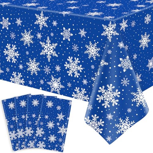 TJYJOY Tiefblaue Boden Schnee Tischtuch Vier Gruppen 4 Pack Xmas weiß Schneeflocke blau Backdrop Tabelle deckt Xmas Party Dekorationen für Winter Weihnachten Urlaub Neujahr Party Supply 51 x 86 Zoll