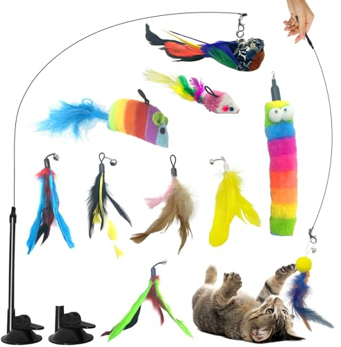 Felicify Katzenangel Stabil, 14 Stück Katzenspielzeug Set, Spielangel für Katzen, Katzenspielzeug Angel mit Saugnapf, Federspielzeug für Katzen, Interaktives Katzenspielzeug