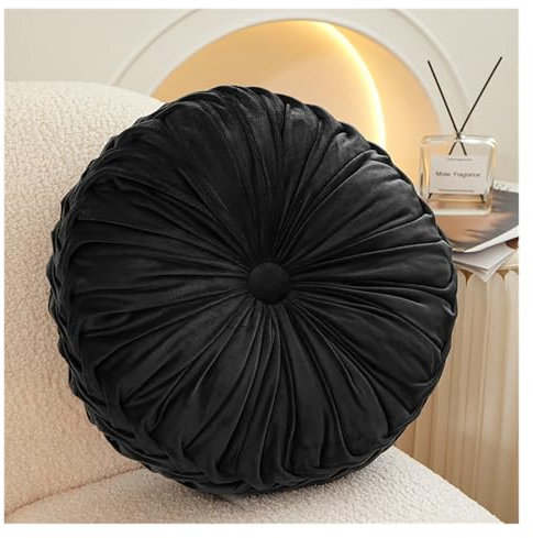 Fylldso Rundes Kürbiskissen, Handgefertigtes Kürbis-Plissee-Sofakissen, Rundes Stuhlkissen Mit Samtfüllung, Rundes Dekokissen für Sofa, Bett, Stuhl, Boden, Auto, Dekoration(Schwarz)