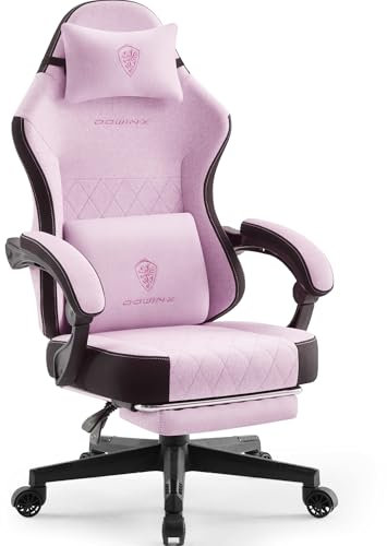 Dowinx Sedia da gioco in tessuto con cuscino primaverile, supporto lombare per ufficio, con poggiapiedi per adulti, ergonomica, grande e alta, per Office Gaming 135 kg, rosa