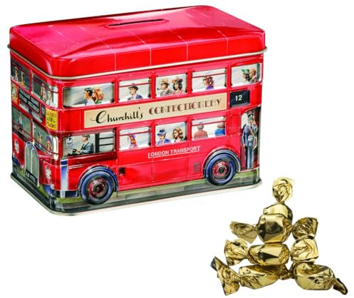 Churchill's® | Original weiche Karamellcreme Bonbons | Englischer Metallbus mit Karamell | Spardose Bus Can + Bonbons