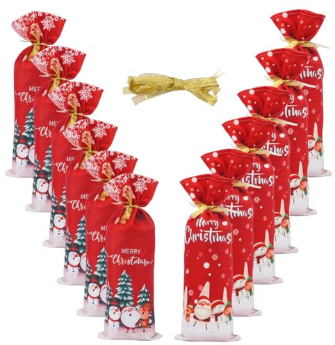 FOGAWA 12PCS Christmas Wine Bottle Cover Gift Bags - Santa Claus Tree Pattern for Xmas Party & Home Dinner Table Decoration