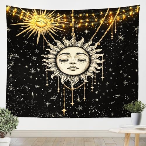 Loussiesd Boho Star Moon Sun Wandteppich 148x200cm Sonne und Mond Tapestry für Kinder Jungen Mädchen Constellation Wandbehang Boho Style Wandtuch Schlafzimmer Dekor