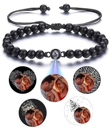 Jovivi Personalisiertes Armband Mit Foto Bild Projektion - 100 Sprachen Ich Liebe Dich Fotoarmband für Herren Damen - Freundschaftsarmbänder Personalisierte Geschenke (Schwarzer Achat)