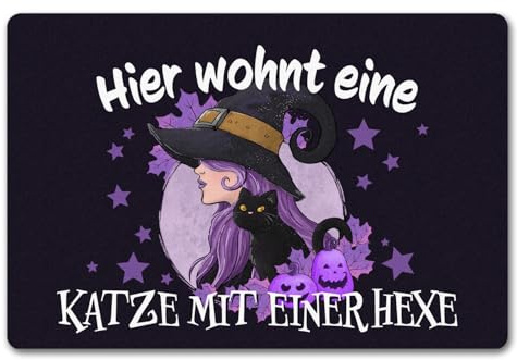 speecheese Hexerei Fußmatte in 40x60 cm ohne Rand mit Spruch - Hier wohnt eine Katze und Hexe Zauberhafter Türvorleger für Katzenliebhaber und Junge Frauen zur Einweihungsparty oder