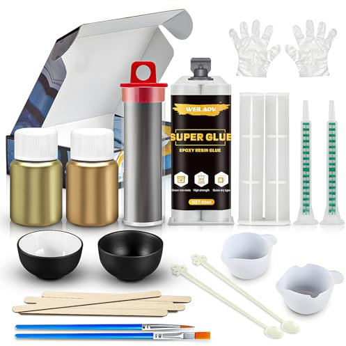 WEILAOK Kintsugi, Kintsugi Kit, Ripara La Colla Dorata per Kintsugi, Kit Ceramica Arte Fai da Te per Principianti, Riparare e Abbellire Porcellana, Ceramica, Vetro