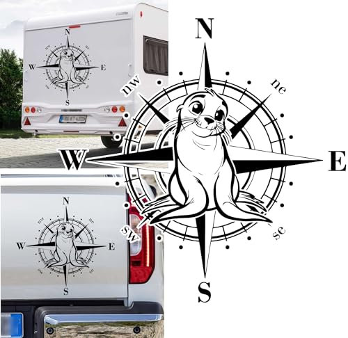 Autocollant boussole phoque mignon - Taille et couleur au choix - Pour camping-car, caravane - Autocollant de voiture - Rose des vents