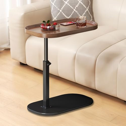 liameya C Shaped Side Table Adjustable Height, 360°Swivel Sofa Table that Slide Under, Modern Small Coffee Table for Couch/Bed/Bathtub, for Living Room, Bedroom (Walnut)