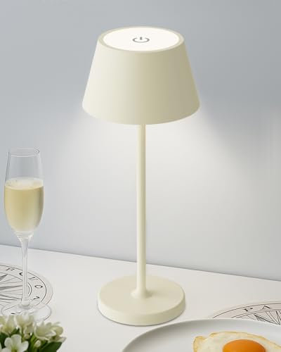 Akku Tischleuchte Vollmetall mit 5000mAh Akku, Led Tischleuchte Kabellos 3 Farbtemperatur, Tischlampe Kabellos Touch Dimmbar, Tischlampe Akku Aufladbar Für Esstisch Schlafzimmer Hotel Makronenweiß