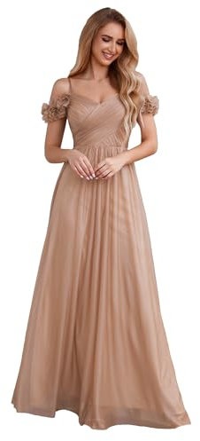 Ever-Pretty Robe de Demoiselle d'honneur Tulle Brillant Col V Fine Bretelle A Line Taille Empire Or Rose 34
