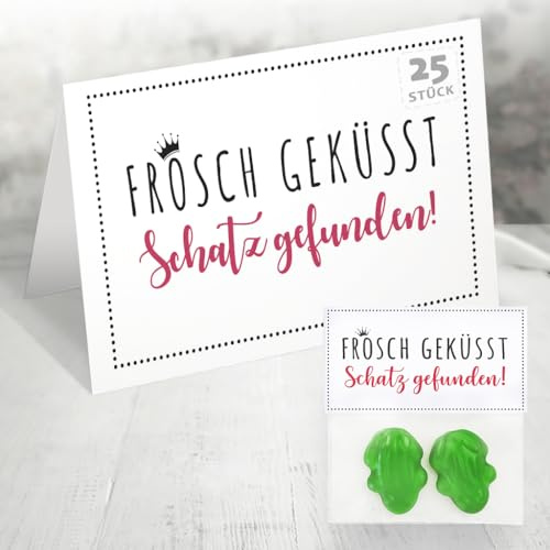 Gastgeschenk Hochzeit Froschkuss 25 Stück - Frosch geküsst Schatz gefunden - Süßes Märchen-Mitgebsel mit Krone für romantische Tischdeko, lustige Giveaway Idee für Gäste