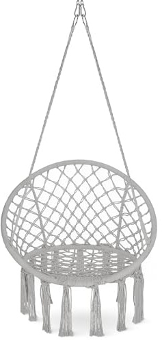 4FIZJO Hängesessel Boho, Makramee hängesessel, Garten schaukel, Hängekorb, Schaukelkorb, Therapieschaukel Kinder, Hängesessel Indoor & Outdoor, Hängesitz Patio-Rasen, Maximale Belastung 125 kg, Grau