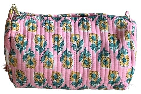 Trousse de voyage, organisateur, trousse de toilette, sac de maquillage, rembourrage en coton indien. Cadeau mignon pour toute occasion., Rose et moutarde, Trousse de toilette