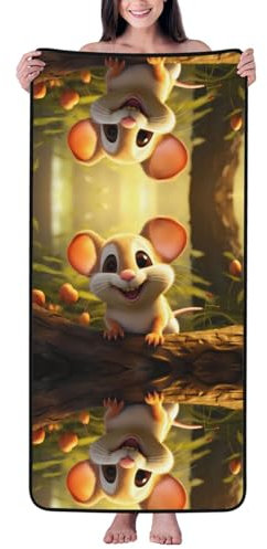 PHAYAH Badetuch mit lächelnder Maus, saugfähig, Korallen-Fleece, für Hotel, Yoga, Fitnessstudio, Dusche, Spa, Badetuch, 68 x 140 cm, schwarzer Saum