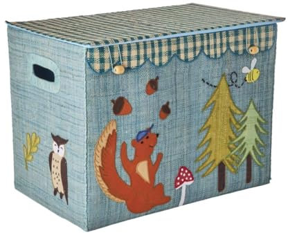 Rice Landhauskorb Happy Forest | handgefertigter Raffia-Aufbewahrungskorb mit Tiermotiven & klappbarem Deckel | 47x28x36cm | Stauraum für Kinderzimmer | Deko & Spielzeug