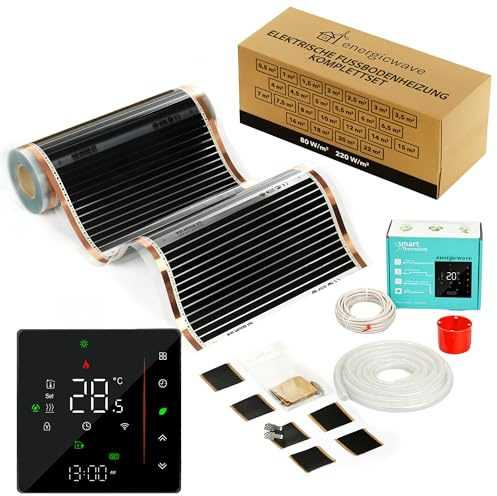 Elektrische Fußbodenheizung 110W/m² – Infrarot Heizfolie 2,0 m² mit schwarzem WLAN Thermostat, 230V Heizung unter Laminat, Decke, Wand, Spiegel – Smart Home kompatibel