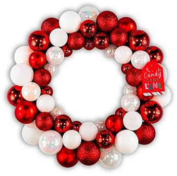 Candy Cane Christmas Bauble Wreath 35cm – Red & White Hanging Decoration – Festive Door & Wall Décor with Matte, Glossy & Glitter Baubles – Indoor Use